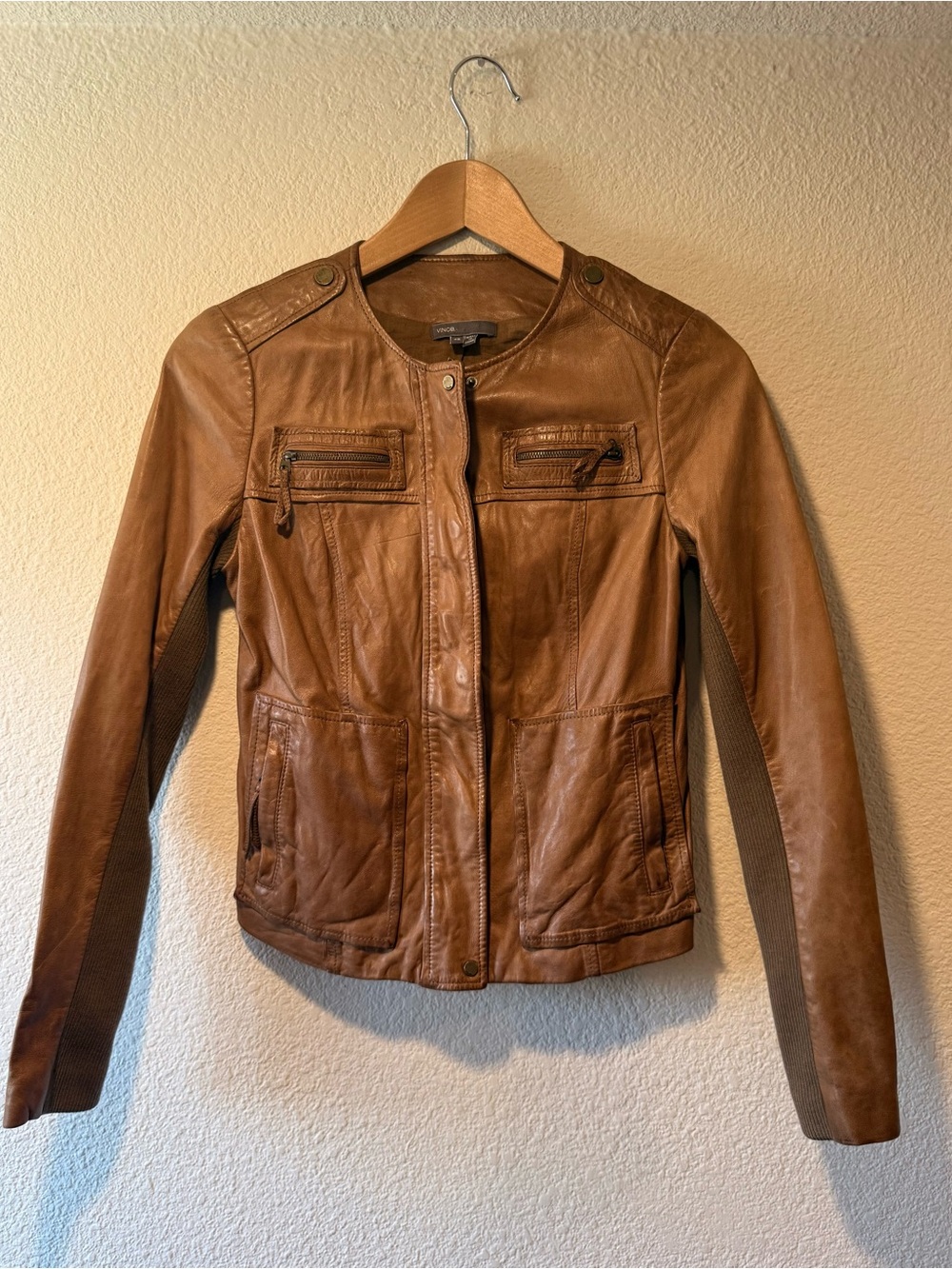 VINCE Cognac Brown Leather Moto Jacket